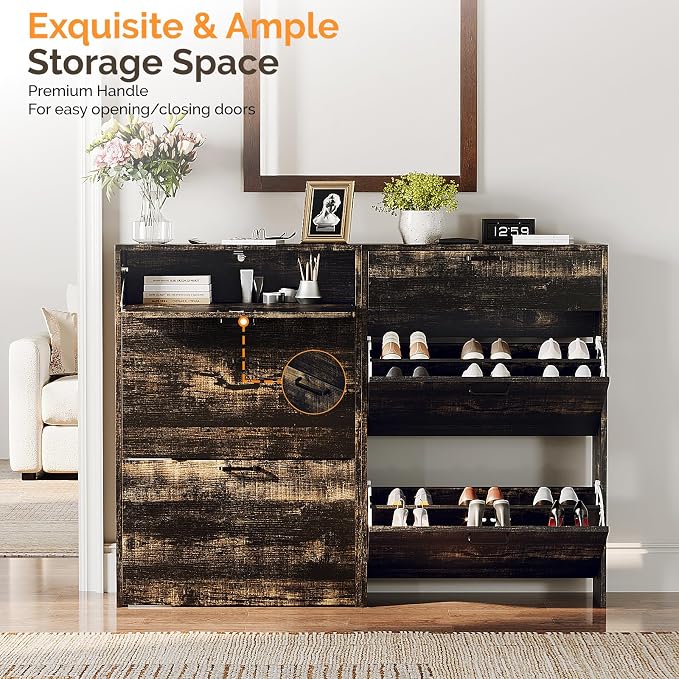 VINGLI Set of 2 Dark Rustic Oak Shoe Cabinet - Image 5