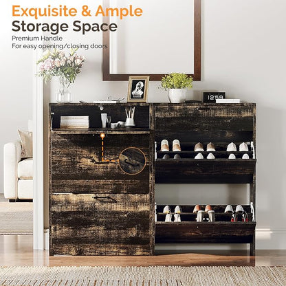 VINGLI Set of 2 Dark Rustic Oak Shoe Cabinet - Image 5
