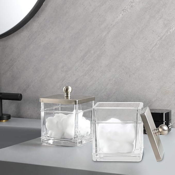 Glass Cotton Jar Holder 2 Pack– Satin Nickel Lid, Elegant Bathroom Storage - Image 4