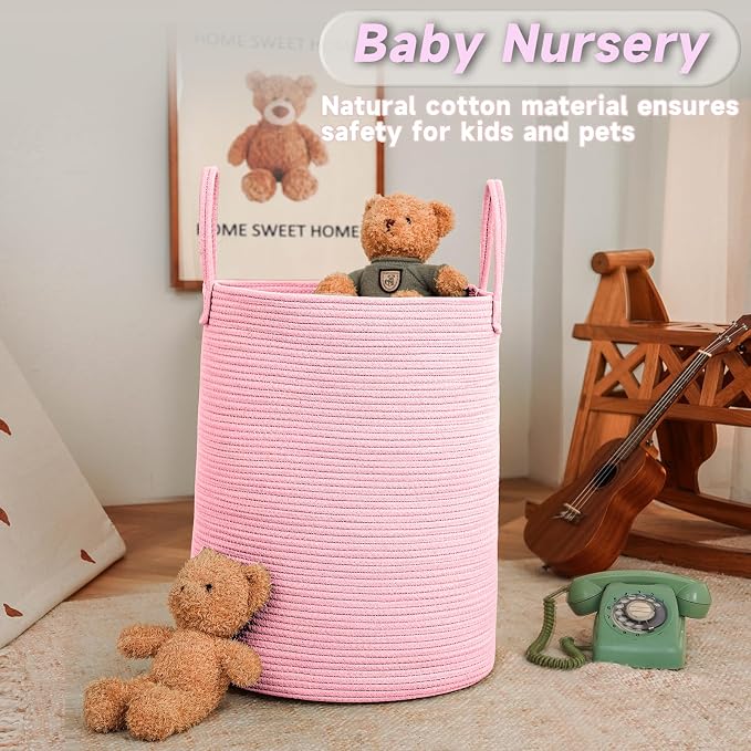 Large Woven Laundry Basket Hamper, 60L Cotton Rope Storage Bin - Image 2
