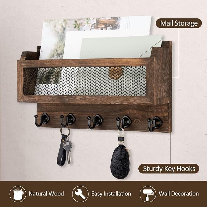 Nekon Mail and Key Holder for Wall Decorative, 11 Inch Wooden Wall Key Organizer - Image 3