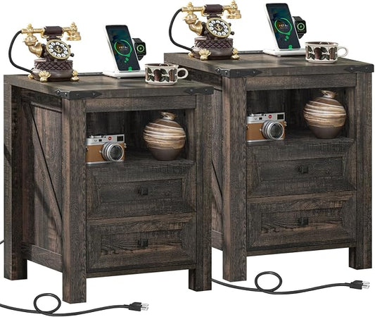 Nightstands Set of 2 with Charging Station, Farmhouse Night Stand with 2 by Joaxswe