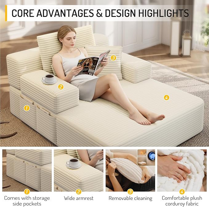 2-in-1 Convertible Chaise Lounge Indoor, 60.2" Corduroy Upholstered Chaise - Image 6