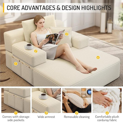 2-in-1 Convertible Chaise Lounge Indoor, 60.2" Corduroy Upholstered Chaise - Image 6