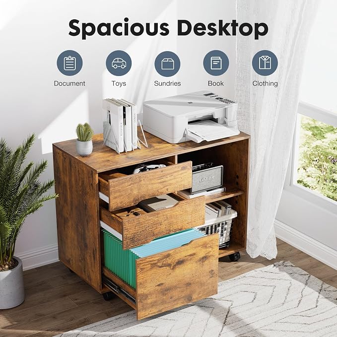DUMOS File Cabinet with 3 Drawers, Wood Under Desk Storage Printer Stand | - Image 4