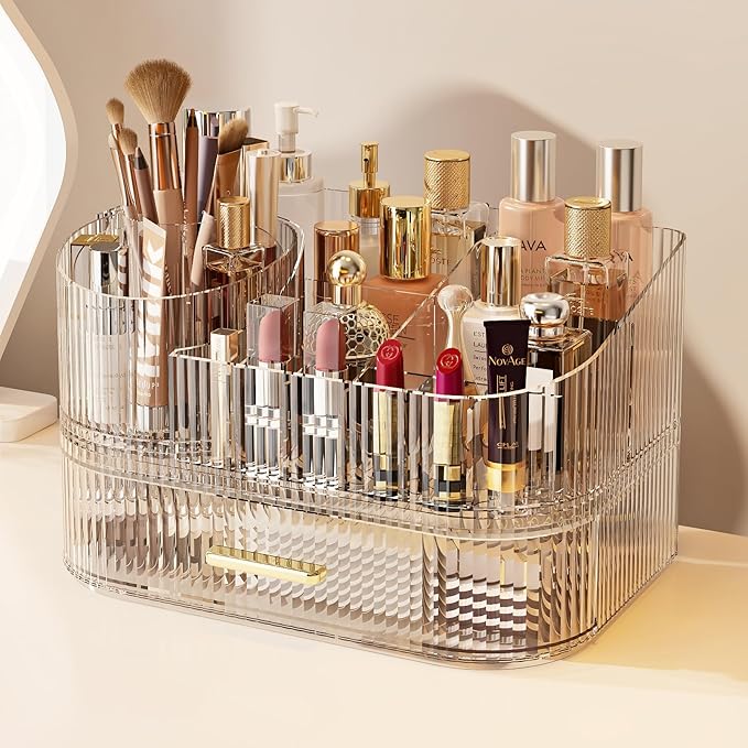 Makeup Organizer with 360° Rotating Brush Holder and Stackable Drawers by Unknown