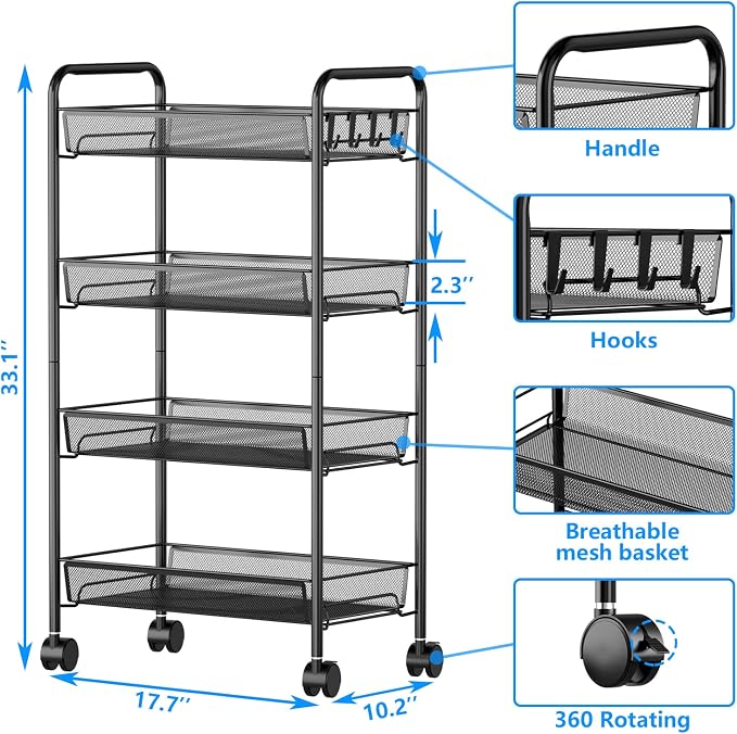 4-Tier Mesh Rolling Cart - Image 6