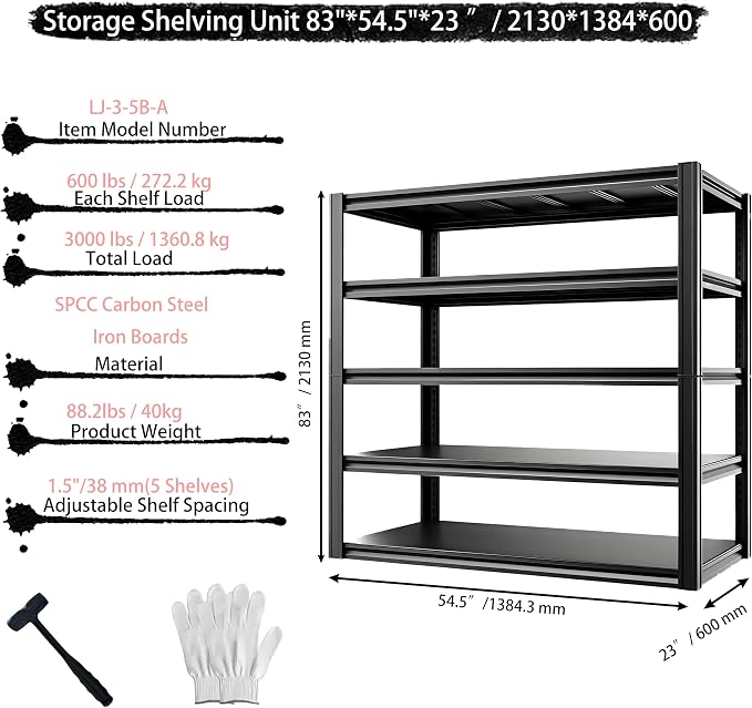 Industrial Storage Rack, Heavy-Duty Steel Shelving Unit 5-Tier - Image 3