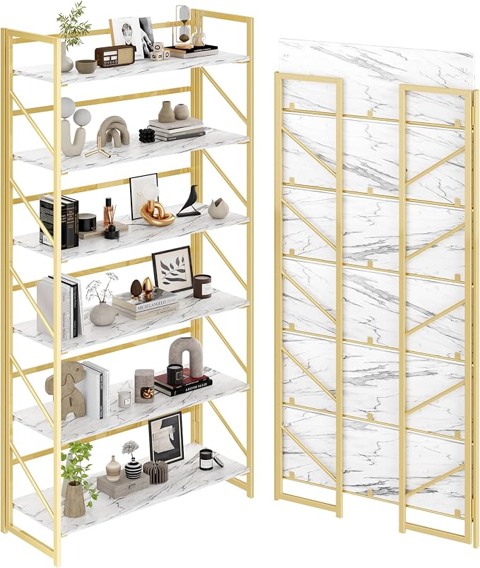 JSB 6 Tier No Assembly Folding Bookshelf, 30.7" Wide Foldable Storage Bookcase by HomeFurniture