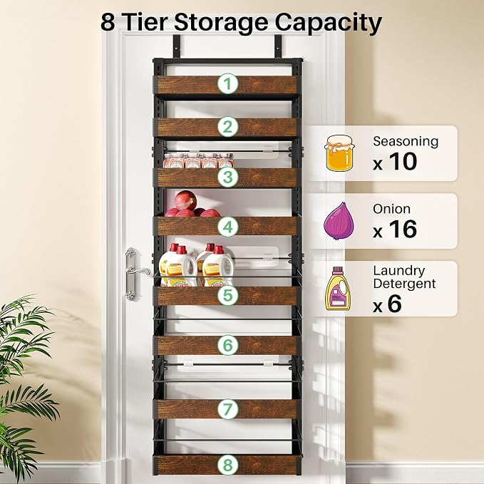 SNTD 8 Tiers Wooden Over Door Organizer, Rustic Brown | Pantry Door Organizers - Image 7