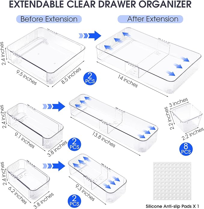 Aneco 14 Pieces Extendable Clear Drawer Organizer Adjustable Vanity Storage Box - Image 2