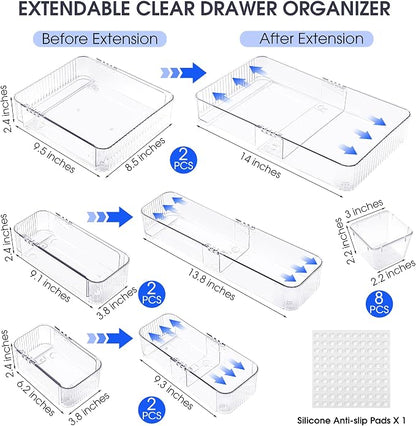 Aneco 14 Pieces Extendable Clear Drawer Organizer Adjustable Vanity Storage Box - Image 2