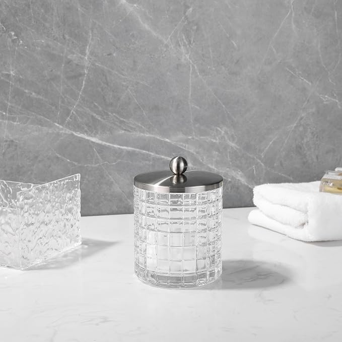 Clear transparent Apothecary Etched Geometric Grid Glass Jar W/Satin Nickel - Image 2