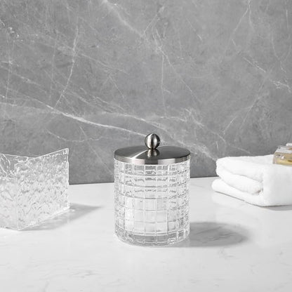 Clear transparent Apothecary Etched Geometric Grid Glass Jar W/Satin Nickel - Image 2