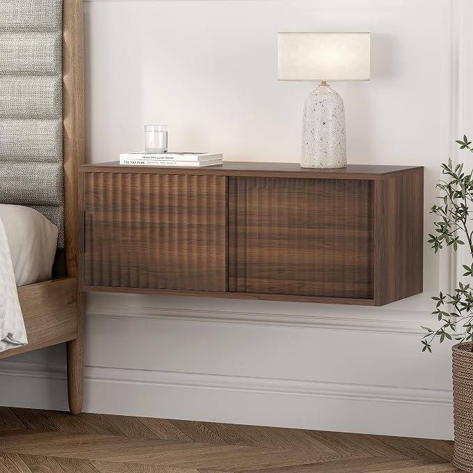 Floating Nightstand with Sliding Doors, Modern Fluted Large Night Stand Storage - Image 7