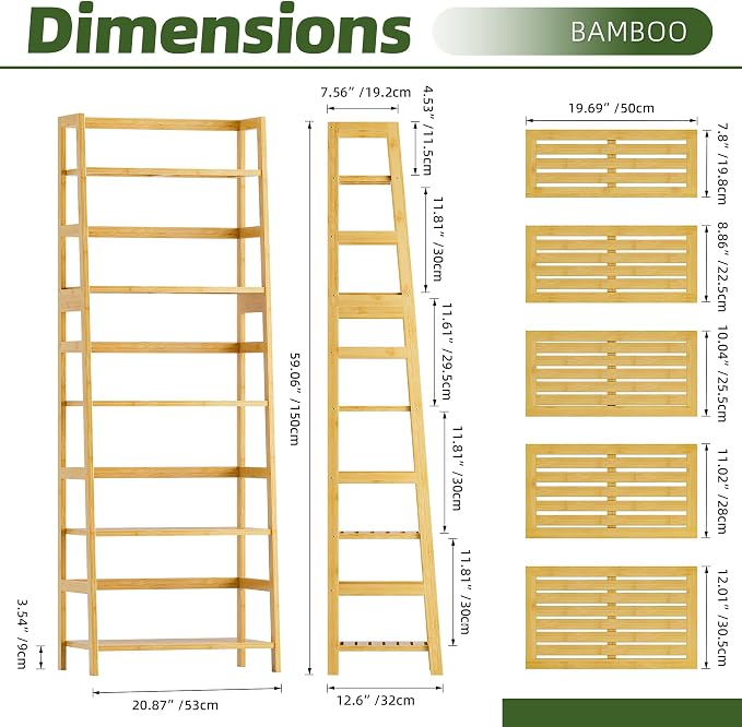 Ladder Shelf, 5-Tier Bookshelf, All Bamboo Heavy Duty Bookcase, Freestanding - Image 3
