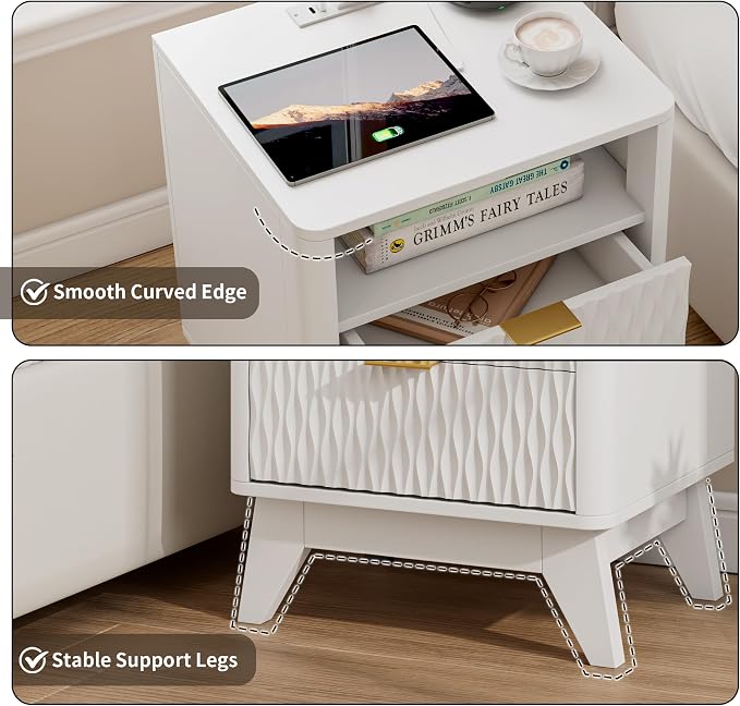 Fluted Nightstand with Charging Station, Bedside Table - Image 5