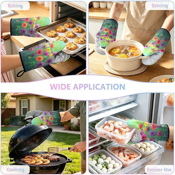 Heat Resistant Oven Mitts, Floral Flowers Spring Color Plants Kitchen Gloves - Image 7