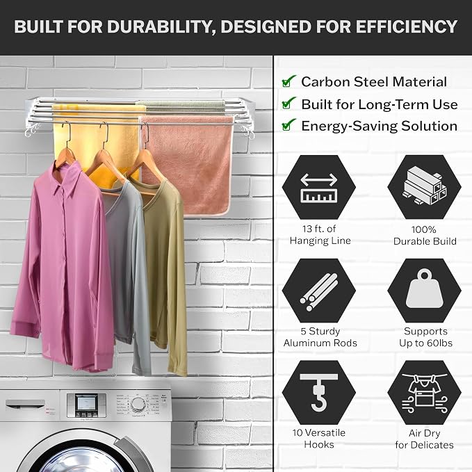 Wall Mounted Laundry Drying Rack, Retractable & Foldable, 31.5" Wide, 13.2 - Image 3