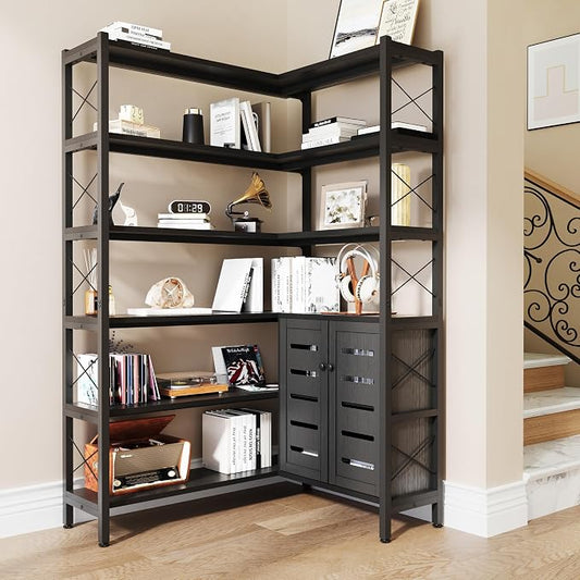 6-Shelf Corner Bookshelf, Vintage Industrial Corner Shelf Etagere Bookcase by WildhomeYourHomeFurnishingSolution