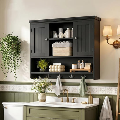 Bathroom Wall Cabinet with Doors and Hooks, 3-Tier Wall Mounted Cabinet | - Image 2
