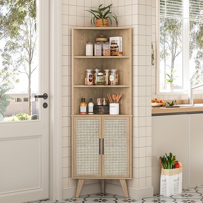 Corner Cabinet with Rattan Doors, Tall Farmhouse Corner Display Shelf with - Image 3