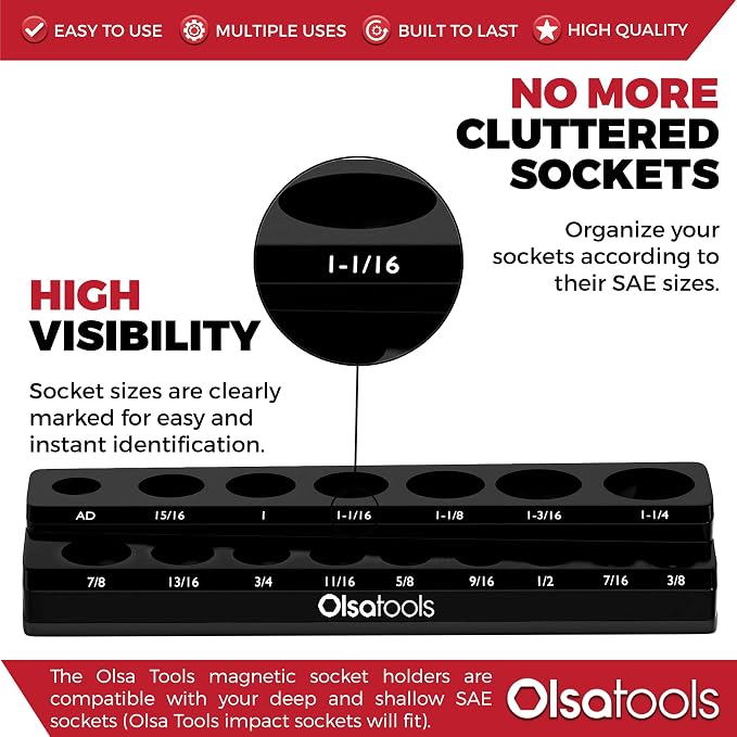 Olsa Tools Magnetic Socket Organizer | 1/2-Inch Drive | SAE | Black | Holds 16 - Image 2