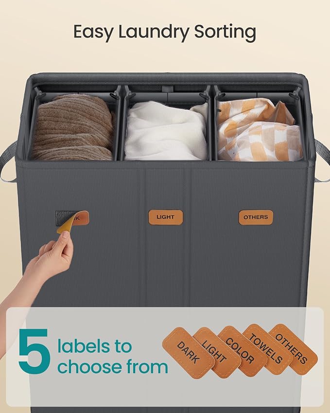 SONGMICS 47.6 Gallon Laundry Hamper, 3-Compartment Laundry Basket Sorter - Image 4