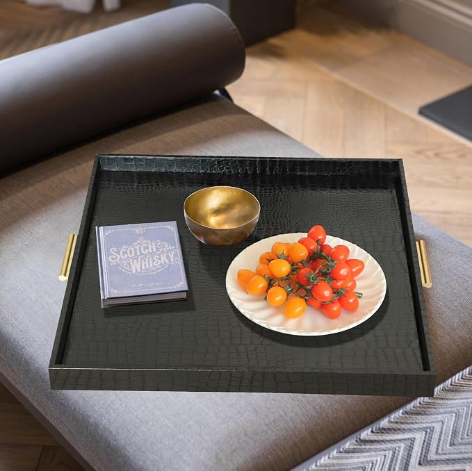 HofferRuffer Extra Large Square Serving Tray, Elegant Faux Leather Ottoman Tray - Image 7