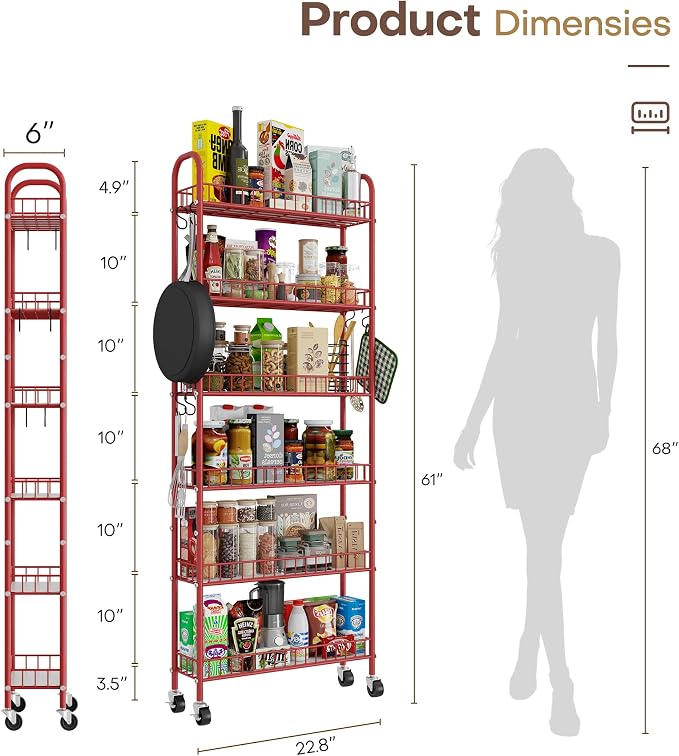 Slim Rolling Storage Cart 6 Tier, Metal Kitchen Rolling Utility Cart - Image 5