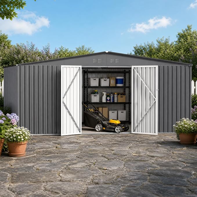 14 x 12 FT Outdoor Storage Shed, Heavy-Duty Galvanized Steel Tool Shed - Image 7