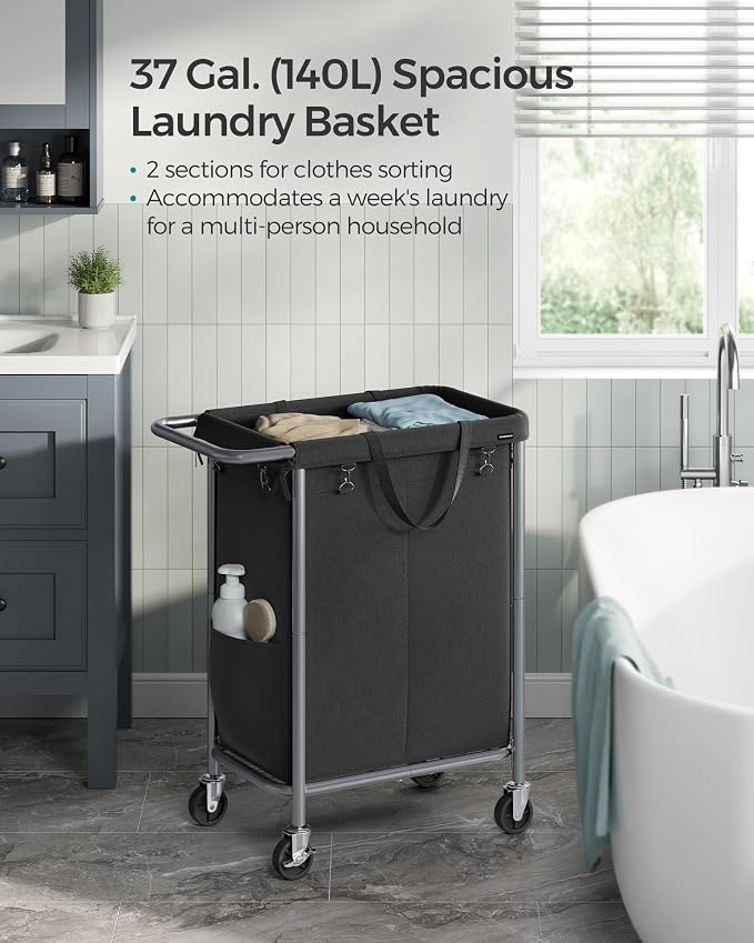 SONGMICS Laundry Basket with Wheels, 2-Section Rolling Laundry Hamper, 37 - Image 3