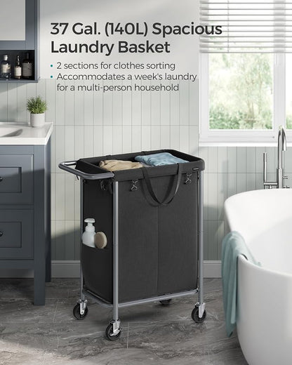 SONGMICS Laundry Basket with Wheels, 2-Section Rolling Laundry Hamper, 37 - Image 3