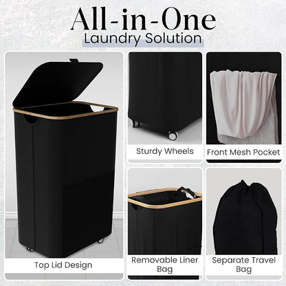 Laundry Basket with Wheels and Handle - 100L Bamboo-Fabric Laundry Hamper with - Image 3