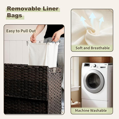 Laundry Hamper with Lid, 130L Rattan Laundry Hamper 3 Section with 50L Storage - Image 5