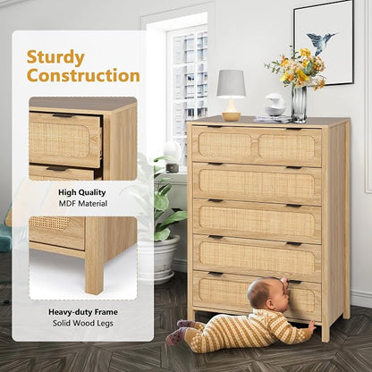 5 Drawer Dresser with Rattan Finish, Modern Farmhouse Chest of Drawers with - Image 6