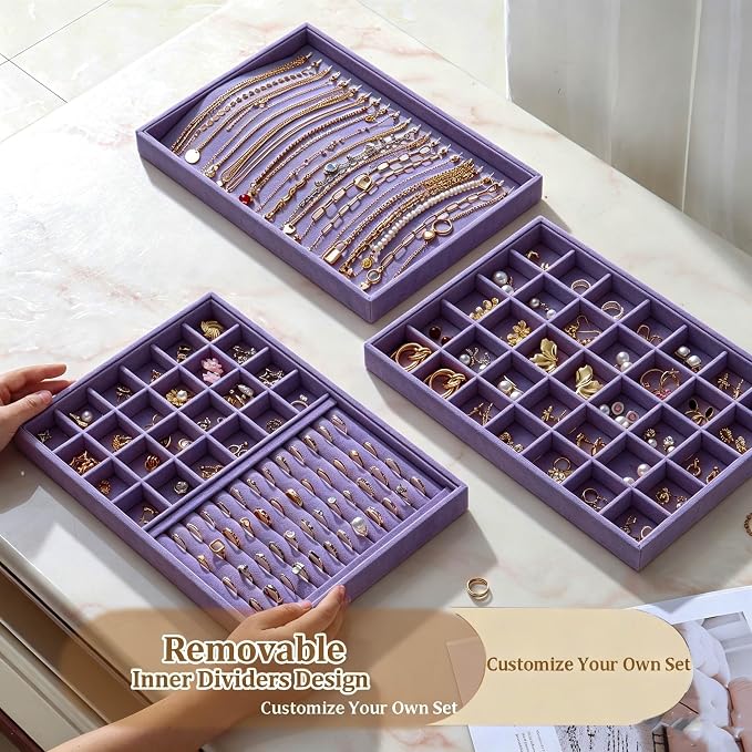 Large Velvet Jewelry Tray 2 Pack Stackable Jewelry Display Drawer Inserts Trays - Image 4