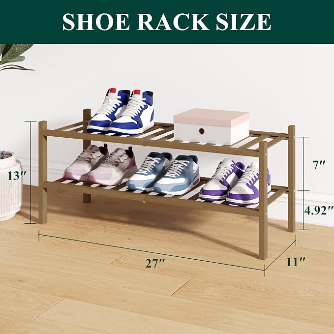 Smiry Bamboo Shoe Rack for Closet, 2 Tier Wooden Stackable Shoe Organizer - Image 2