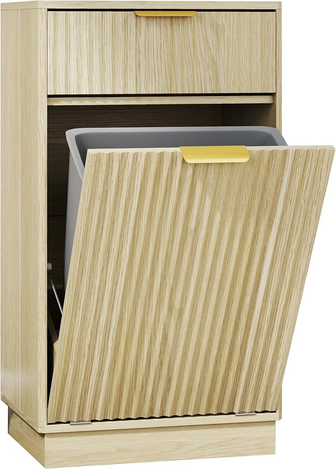 Tilt-Out Trash Cabinet with 10-Gallon Capacity, Walnut Laundry Hamper Cabinet by Unknown