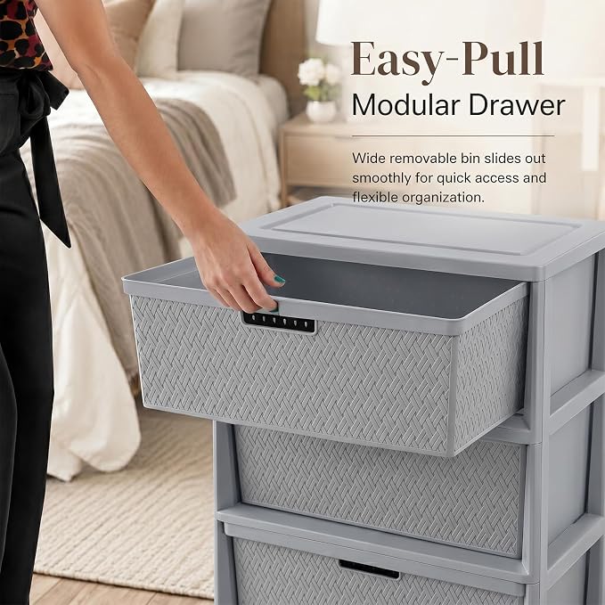 Wide 3-Drawer Plastic Storage Tower, Cross-Weave Floor Cabinet, tool-free - Image 5