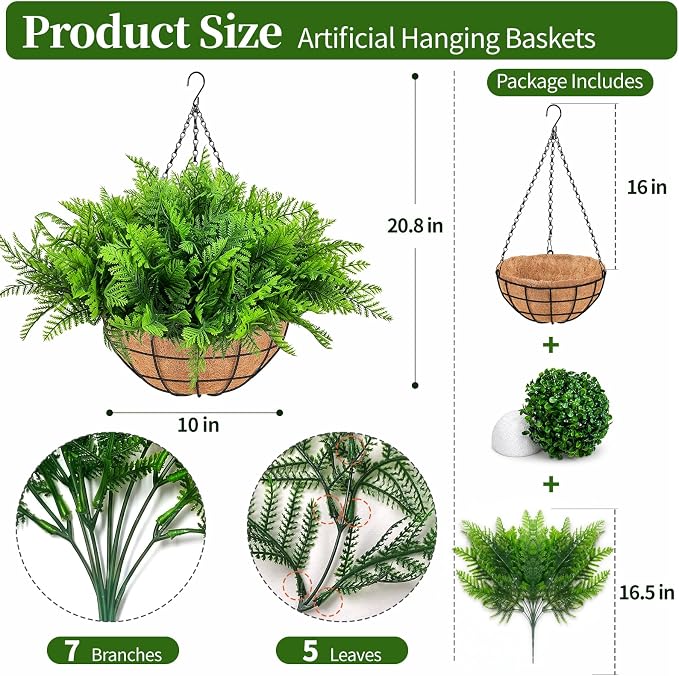 Fake Hanging Plants Fern Baskets, Artificial Ferns - Image 3