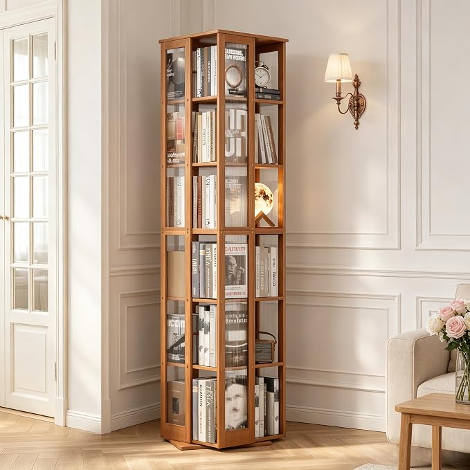 Rotating Bookshelf Tower 6-Tier, Space Saving Spinning Bookcase, Tall Narrow - Image 9