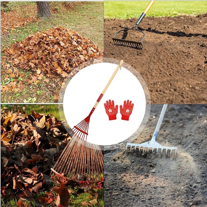 Kids Leaf Rake | with Gloves 27 Inch Detachable Wooden Handle, Kids Garden Rake - Image 4
