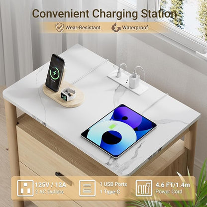 Night Stand with Charging Station, 2 Drawers End Table with Solid Round Post - Image 4