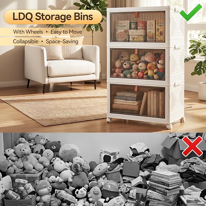 LDQ Storage Bins with Lids, 3 Tier 69QT Stackable Storage Cabinet, Foldable - Image 3