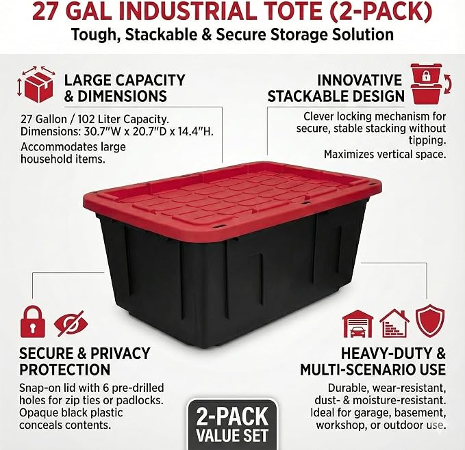 27 Gal Industrial Tote, 4 Pack Plastic Storage Bins - Image 2