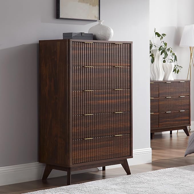 T4TREAM Fluted 5 Drawers Dresser, Curved Profile Design, Wood Drawer Organizer by T4TREAMFurniture
