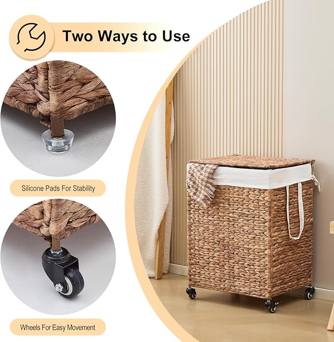 2-Section Laundry Hamper with Lid, Large Capacity Woven Natural Water Hyacinth - Image 6