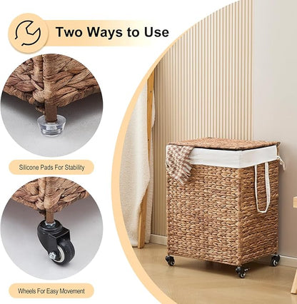 2-Section Laundry Hamper with Lid, Large Capacity Woven Natural Water Hyacinth - Image 6