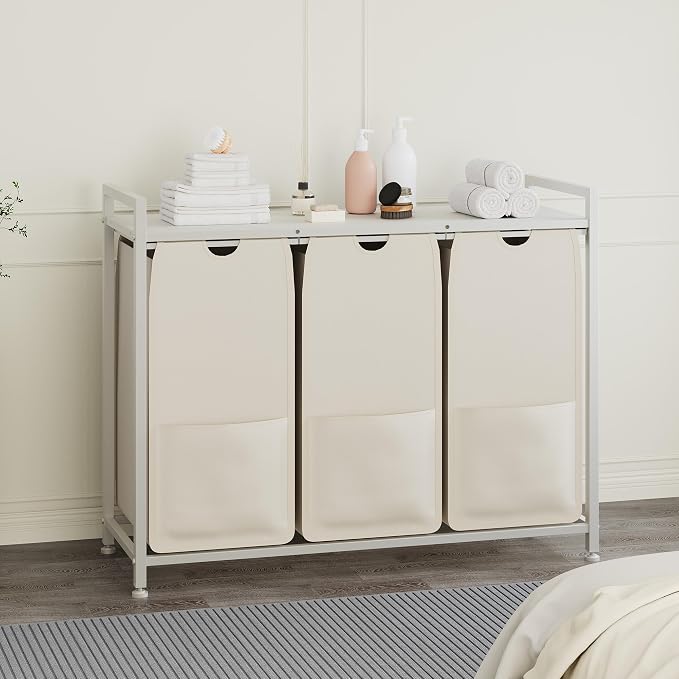 3-Section Laundry Hamper with Shelf, Pull-Out Removable 12.8 gal Bags, Metal - Image 2